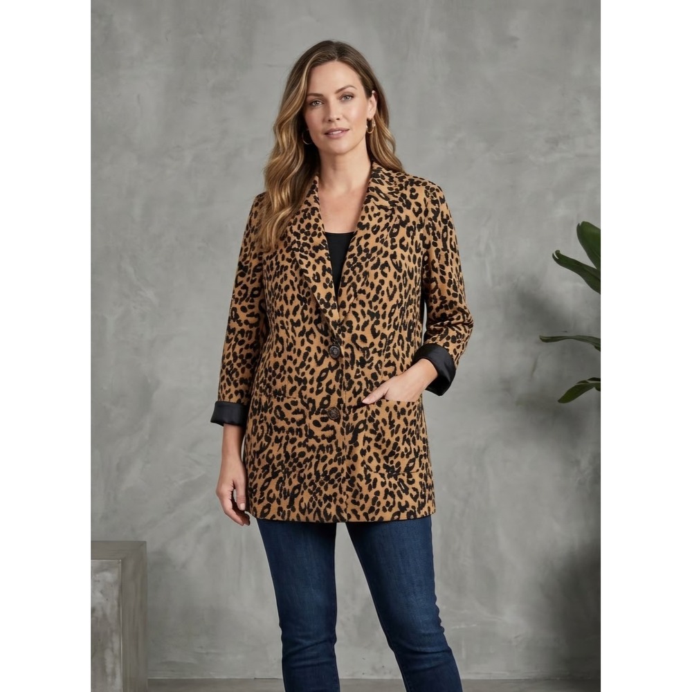 Susan Graver Leopard Print Animal Two Button Blazer Jacket 1X